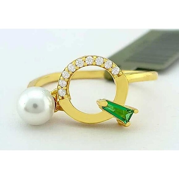 Genuine 5 mm Fresh Water Pearl & Lab Created Ring 14k Yellow Gold - Picture 1 of 4